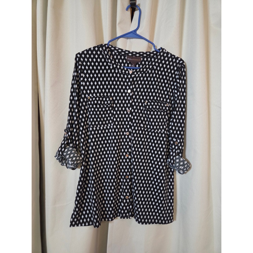 Dana Buchman Black White Diamond Ikat Roll Tab Sleeve Blouse Large